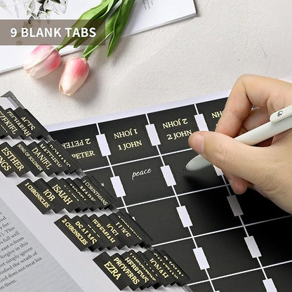 Bible Tabs for Women & Men, Laminated Bible Tabs for Study Bible, Large Print Bible Tabs for Easy Navigation, Bible Index Tabs, 66 Tabs Old & New Testament, Extra 9 Blank Tabs - Black