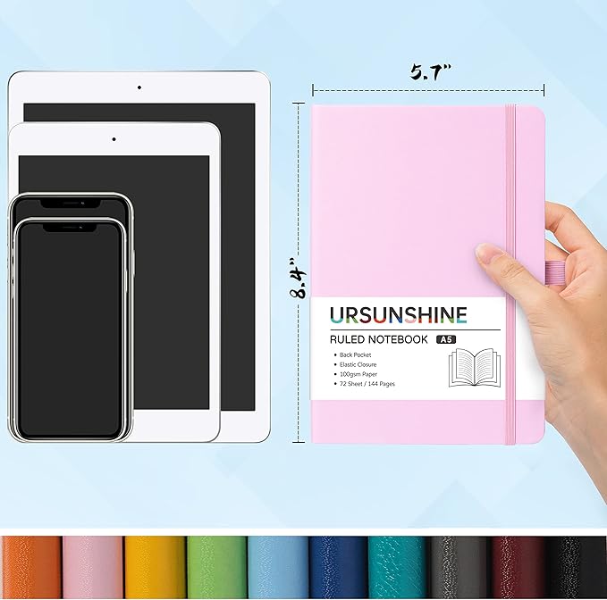 Ruled Notebook/Journal - Classic Lined Journal/Notebook, Hardcover with Thick Paper, 5.7" x 8.4", Banded + Pen Holder +Inner Pocket - Pink