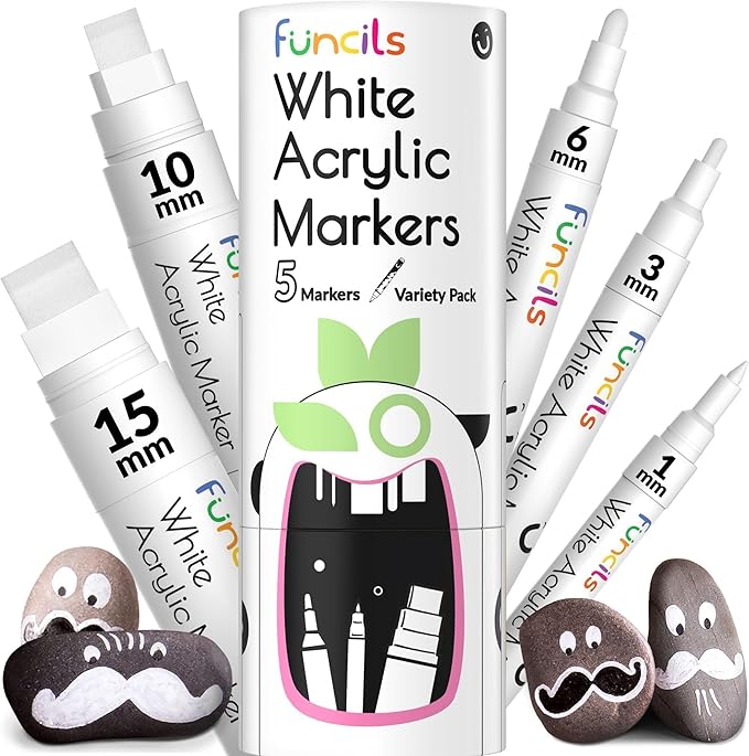 5 Acrylic White Paint Pens - Fine & Jumbo Size Ink Pens (1mm, 3mm, 6mm, 10mm, 15mm) - Permanent White Marker Ink for Rock Painting, Fabric, Tire, Metal, Wood, Canvas, Glass, Plastic, Ceramic
