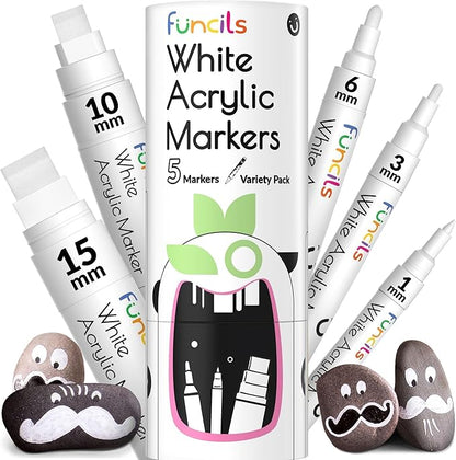 5 Acrylic White Paint Pens - Fine & Jumbo Size Ink Pens (1mm, 3mm, 6mm, 10mm, 15mm) - Permanent White Marker Ink for Rock Painting, Fabric, Tire, Metal, Wood, Canvas, Glass, Plastic, Ceramic