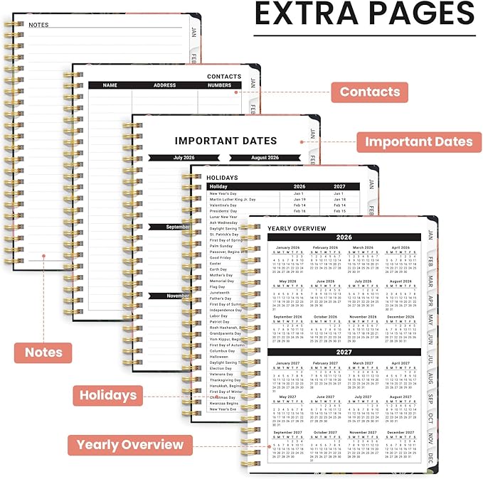 2026 Planner, Weekly and Monthly Planner for Women, January 2026 to December 2026, Pretty Hardcover 2026 Calendar Planner Book with Tabs, Inner Pocket, Spiral Bound, Perfect Office Home School Supplies - 6.3" x 8.5", Nocturne Floral