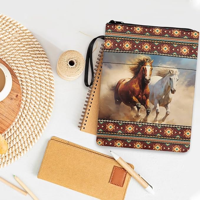 COEQINE Aztec Horse Book Covers Kids Hardcover Book Cover with Pockets Western Animal Book Sleeves with Pocket Book Organizer Pouch with Chain Portable