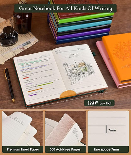 Vintage Leather Journal - 300 Page Lined Journal Notebook with Numbered Pages,A5 Notebook for Women Men,Travel Diary,Daily Journal for Writing, Note Taking, School & Work (5.8" x 8.3")