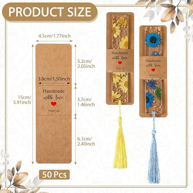 Fumete 50 Pieces Resin Bookmark Holder 5.9 x 1.8 Inches Kraft Bookmark Sleeves DIY Bookmarks Display Cards for Bookmark Wrapping Small Business Packaging Supplies Party Favor Gift (Brown, Warm)