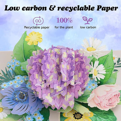 3D Hydrangea Flowers Pop Up Card for Teacher Appreciation Gift, Birthday, Thank You, Congratulations, Suitable for Mom, Daughter, Wife