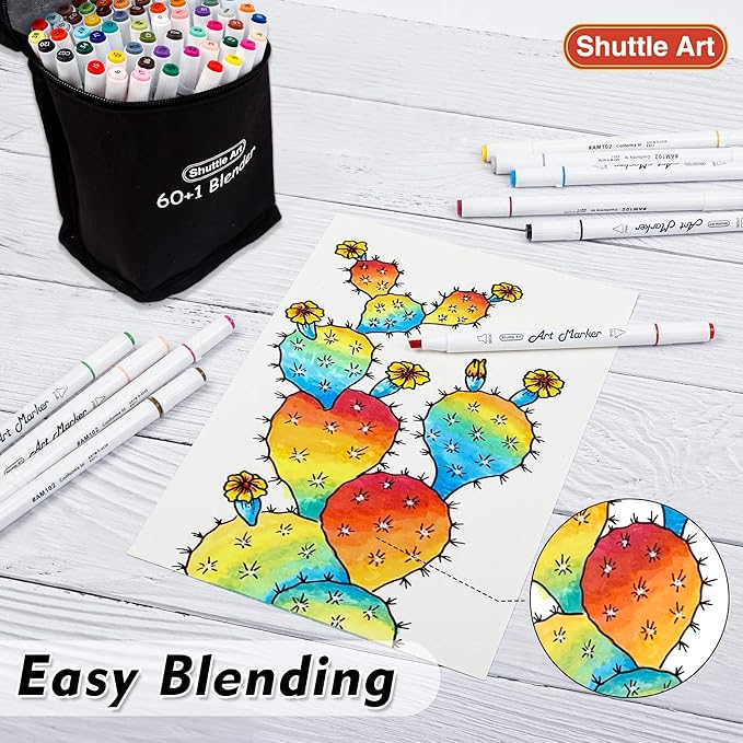 Shuttle Art 61 Colors Dual Tip Art Markers, 60 Colors plus 1 Blender Alcohol Based Permanent Marker Pens Highlighters with Case Perfect for Illustration Adult Coloring Sketching and Card Making