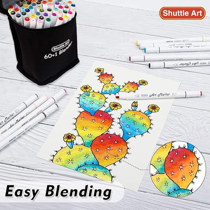 Shuttle Art 61 Colors Dual Tip Art Markers, 60 Colors plus 1 Blender Alcohol Based Permanent Marker Pens Highlighters with Case Perfect for Illustration Adult Coloring Sketching and Card Making