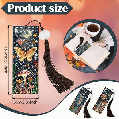 Anseal 3 Pcs 5D Diamond Bookmarks Painting for Book Lovers, Mushroom PU Leather Diamond Dotz Art Bookmark for Adults, Tassel Beaded Book Mark for Graduation Birthday Reading Present