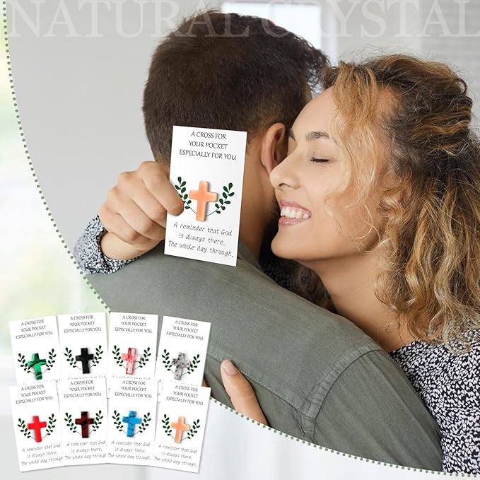 Tioncy 40 Sets Pocket Hug Token Bulk Greeting Cards with Cross Crystal Stones Religious Keepsake Exchange Bookmarks Relationship Gift for Friends Colleagues Family Distance Social Present(Classic)