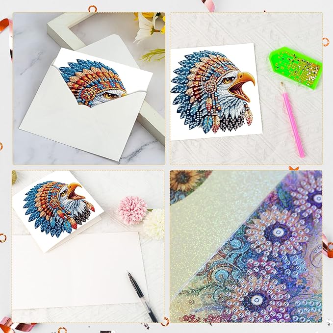 6pcs Diamond Art Painting Kit Greeting Card, Ethnic Rooster 5D DIY Diamond Handmade Holiday Glitter Greeting Card with Envelope, Holiday Gift Congratulation