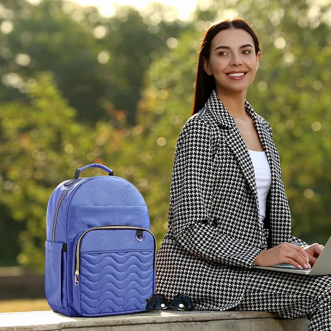 Travel Laptop Backpack for women, Work Backpack Woman with USB Charging Port, Water Resistant College Backpack, Stylish Quilted Girls Backpack Casual Daypack for 15.6 Inch Laptop, Blue