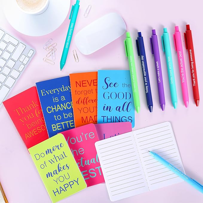 Funrous 32 Pcs Motivational Quote Pens Inspirational Notepads Mini Journal with Ballpoint Pen Small Notebooks Gift Set for Men Women Coworkers, Adult Party Favors Prizes Gift Bulk(Stylish)