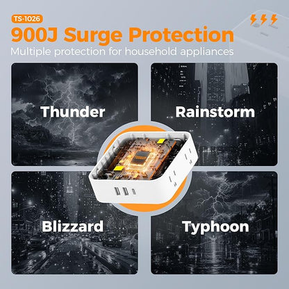 Flat Extension Cord, TESSAN Surge Protector Power Strip 5 FT with 8 Outlets 3 USB (1 USB C) Ports, 3-Sided Outlet Extender with 900J Surge Protection for Office Supplies, Dorm Room Essentials, White