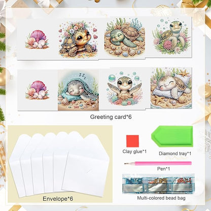 6 pcs Diamond Art Painting Greeting Card Kits, Animal Cute Turtle Design Irregular Shapes Diamond Art Fine Glitter Greeting Cards with Envelopes, Clay Glue, Pen, and Bead Bag for Creative Gifts