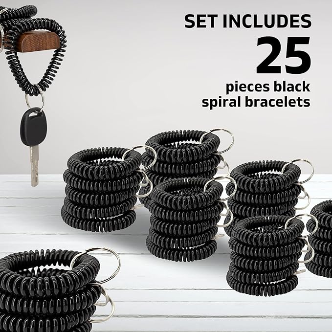 25PCS Keychain Wristlet Wrist Keychain Wristband Elastic Stretchable Spiral Bracelet Key Hook Key Holder for Gym Pool Spring Spiral Coil Black