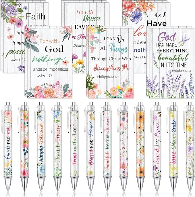 Colarr 24 Pcs Christian Bulk Gifts for Women Men Bible Verse Pens and Notebooks Religious Easter Gifts Scripture Ballpoint Pens Journals Sunday School Church Inspirational Study Supplies(Floral)