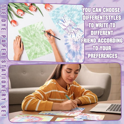 TaoBary 160 Packs Stationery Paper Set (50 Double Sided Stationery Writing Papers 50 Matching Envelopes) 60 Round Dot Sticker, 10 Design (8.5 x 11 Inch,Tie Dye)