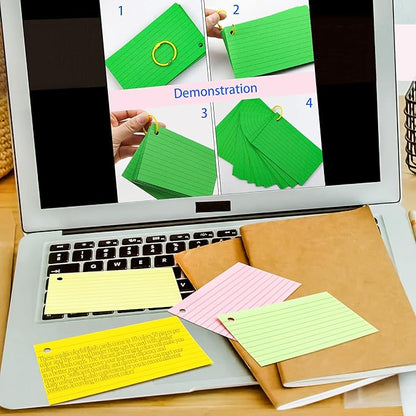 MotBach 600 Pieces Index Cards Flash Cards with Colorful Binder Rings,3" x 5", 10 Color Assorted Color Ruled Punched Memo Note Cards Lined Studying Record To Do List for Home School Office Supplies