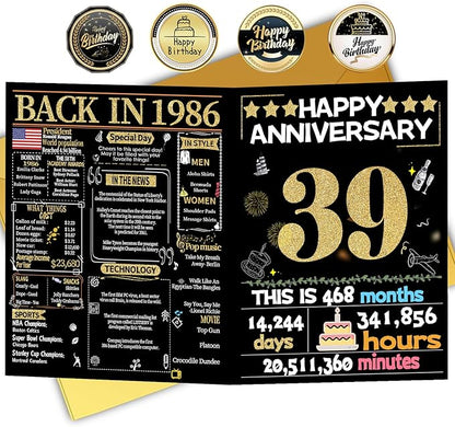 Joycard 39th Anniversary Card for Women Men, Gold Wedding Card for Wife Husband, Sweet Marriage Decorations Gifts for Couple, Perfect for Her Him on Anniversary Day, Back in 1986