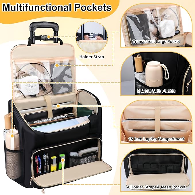 Rolling Teacher Tote Bag with Detachable Trolley, Wheeled Teacher Bag with 15 Inch Laptop Compartment, Soft Nylon Multifunctional Tote Bag with Wheels for Teaching& Office Supplies (Black)