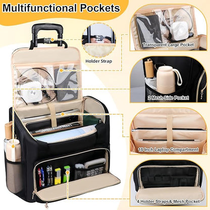 Rolling Teacher Tote Bag with Detachable Trolley, Wheeled Teacher Bag with 15 Inch Laptop Compartment, Soft Nylon Multifunctional Tote Bag with Wheels for Teaching& Office Supplies (Black)