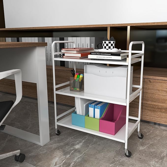 GYCZYCX 3-Tier Rolling Cart,Utility Cart,Kitchen Cart on Wheels,Organizing Cart with Storage,Rolling Shelves with Wheel,Metal Craft Cart for Kitchen,Bathroom,Living Room,Bar,Office(White)