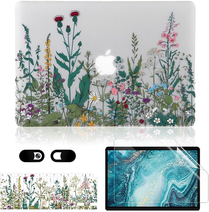Case for MacBook Air 13 inch M1 A2337 A2179 A1932 2022-2018 Release, Matte Clear Hard Cover & Transparent Keyboard Cover & Screen Protector Compatible with Mac Air 13.3 Touch ID, Flowers