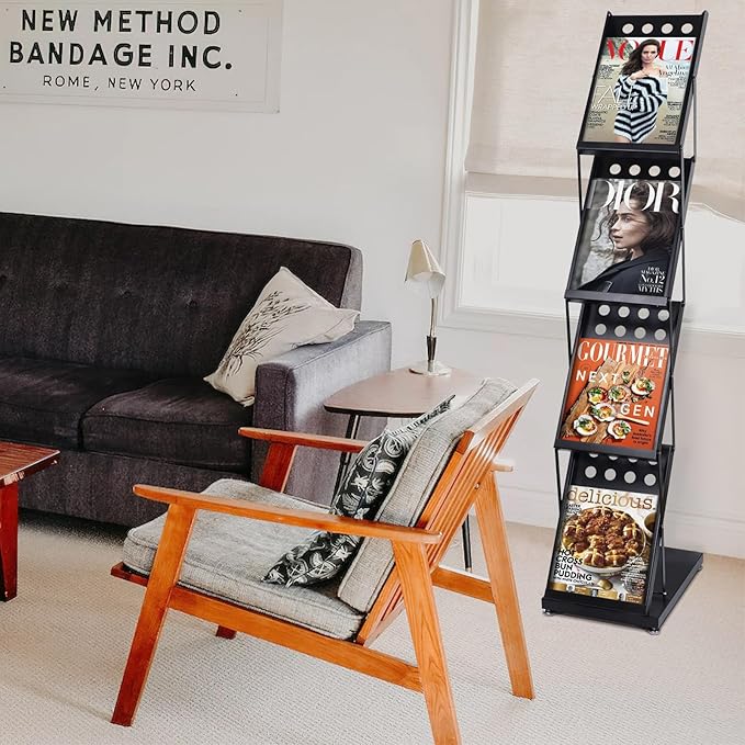 4 Pockets Folding Magazine Rack，Floor Metal Black Literature Rack with Case Brochure Stand Literature Stand Catalog Holder Stand Flyer Display Stand for Trade Show Exhibition Office Retail