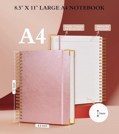 Spiral Notebook Journal 8.5” x 11”, 300 Pages Hardcover Leather Lined Journals for Women Men, A4 Large College Ruled Notebooks with 100 GSM Thick Paper, Spiral Journal for Writing Work School, Pink