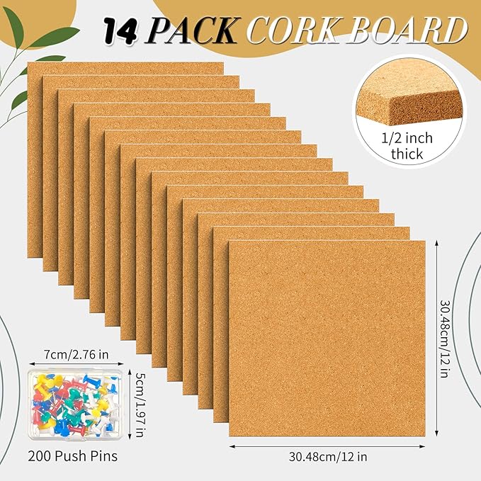 Cork Board Tiles 12 x 12 in 0.5 in Thick Square Bulletin Boards Cork Tiles Bulk with Push Pins Mini Natural Self Adhesive Backing Corkboards for Wall Home Office Floor DIY(14 Pcs)