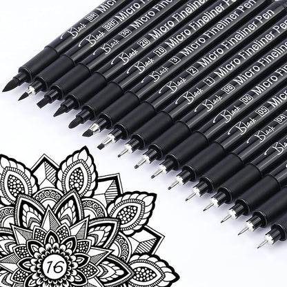 KERIFI Micro Fineliner Drawing Pens for Artists, 16 Black Fine Liner Markers, Waterproof Archival Ink Multiliner Pens, Technical Mandala Zentangle Book Accessories, Art Supplies Stuff Gifts for Adults