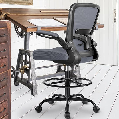 FelixKing Drafting Chair Ergonomic Tall Office Chair, Breathable Mesh Chair with Adjustable Footrest Ring Lumbar Support Flip-up Armrests, High Back Executive Comfy Task Computer Chair for Home Office