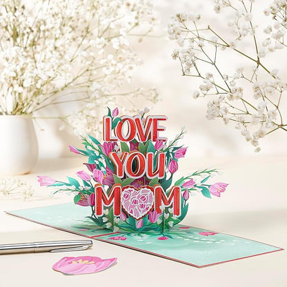 Love You Mom Pop Up Card, Flower, Heart Shaped Symbol, Gift For Birthday, Mothers Day, Anniversary, Valentines Day, Mom, Godmother, Mother in Law, 5x7 - Includes Envelope And Message Note