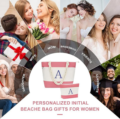 YOOLIFE Christmas Gifts for Women - Initial Canvas Tote Bag & Makeup Bag, Birthday Gifts for Women Mom Teacher Friend Sister