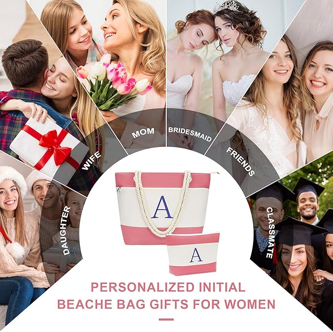 YOOLIFE Christmas Gifts for Women - Initial Canvas Tote Bag & Makeup Bag, Birthday Gifts for Women Mom Teacher Friend Sister