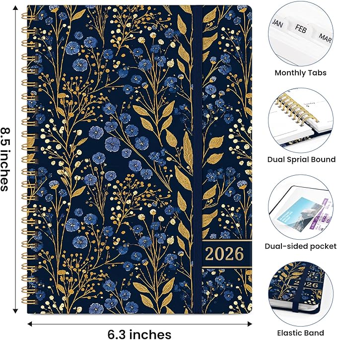 2026 Planner, Weekly and Monthly Planner for Women, January 2026 to December 2026, Pretty Hardcover 2026 Calendar Planner Book with Tabs, Inner Pocket, Spiral Bound, Perfect Office Home School Supplies - 6.3" x 8.5", Tiny Blues