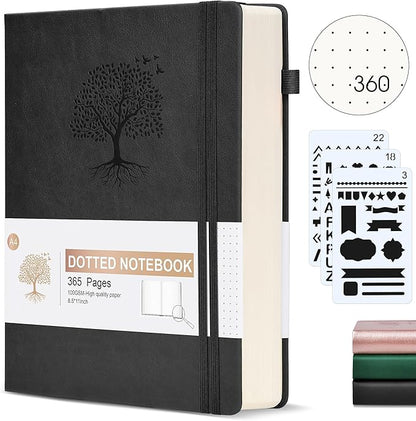 Bullet Dotted Journal Notebook, 360 Numbered Pages Dot Grid Notebooks 8.5 x 11, 100gsm Dot Paper Thick Hardcover Leather Journals for Writing Women Men, A4 Large Bullet Dotted Notebooks for Work Black