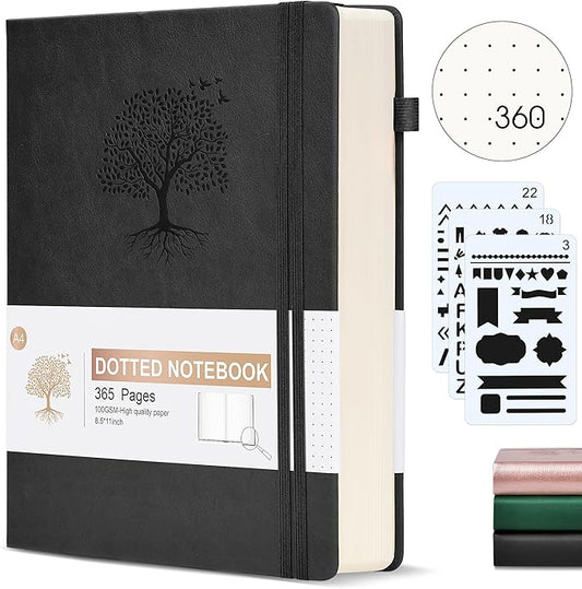 Bullet Dotted Journal Notebook, 360 Numbered Pages Dot Grid Notebooks 8.5 x 11, 100gsm Dot Paper Thick Hardcover Leather Journals for Writing Women Men, A4 Large Bullet Dotted Notebooks for Work Black