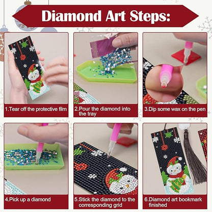 Anseal Christmas Diamond Painting Bookmarks for Book Lovers, Rhinestone PU Leather Diamond Art Bookmark for Women Girls, Tassel Beaded Book Mark for Graduation Birthday Christmas Reading Present