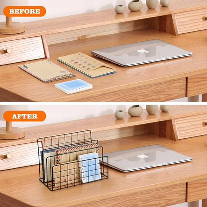 3 Slot Metal Desk Mail Organizer, Mesh Small Large File Magazine Book Record Holders Letter Organizer, Bill/Document/Filing/Folders/Paper Organizer for Desktop (Black-Large)