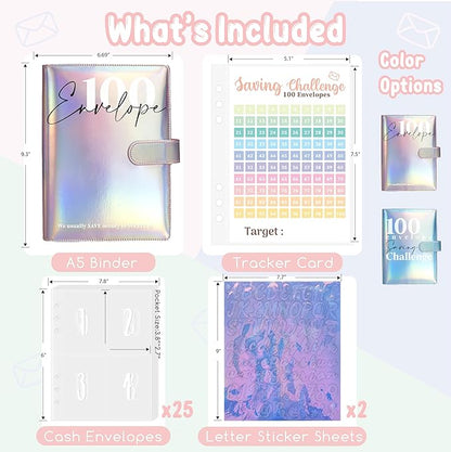 Axolotl 100 Envelopes Money Saving Challenge Binder, A5 Savings Budget Challenges Binders with Cash Envelopes, 100 Days Envelope Saving Binder Book, Budget Planner (Laser Silver)