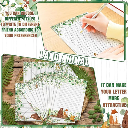 TaoBary 160 Packs Stationery Paper Set (50 Double Sided Stationery Writing Papers 50 Matching Envelopes) 60 Round Dot Sticker, 10 Design(Land Animal,5.5 x 8.25 Inch)