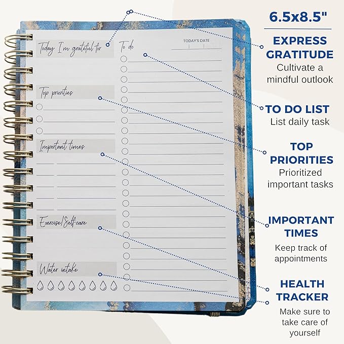 Paper 'n Such Undated Daily Planner, Spiral To Do List Notebook to Organize Your Daily Tasks and Agendas (6.5x8.5), School Or Office Supplies for Women & Men - Dark Blue