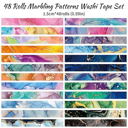 48 Rolls Washi Tape Set - Decorative Masking Tape Colored Marbling Patterns, Adhesive Artists Tapes for Journaling Supplies, DIY Crafts, Scrapbooking, Junk Journal Supplies, School Supplies