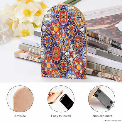 2 Pack Wood Bookends, Mexican Talavera Tile Mandala Non-Skid Book Ends for Heave Books, Decorative Bookends for Shelves Desk, Book Stoppers Book Holders for Home Office Library School
