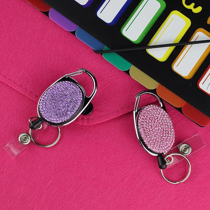 VIQWYIC 2 Pack Retractable ID Badge Holder with Clip, ID Name Badge Reels with Bling Rhinestones Retractable Card Holder for Office Worker Teacher Doctor Nurse(Pink&Purple)