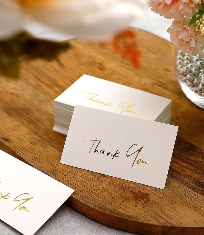Winoo Design Gold Mini Thank You Cards Small Business - 100 PK - Flat Card No Fold, 2 x 3.5 Inches Thank You for Your Order Cards Thank You for Your Support Cards for Wedding Off White Color