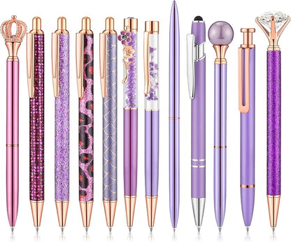 BESARME 12 Pcs Purple Pens Set, Purple Gifts for Women Mother's Day Gifts Crystal Diamond Ballpoint Pens Retractable Glitter Fancy Pens for Journaling Offices Schools