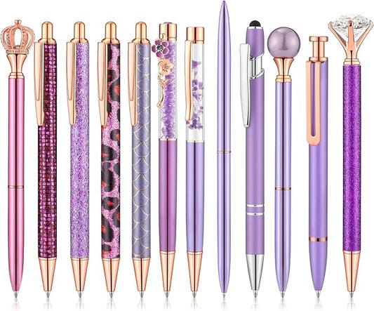 BESARME 12 Pcs Purple Pens Set, Purple Gifts for Women Mother's Day Gifts Crystal Diamond Ballpoint Pens Retractable Glitter Fancy Pens for Journaling Offices Schools