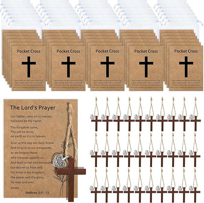 Bulk 30 Pocket Cross Cards Christian Gifts, Wooden Pocket Cross Charm Christian Religious Gifts Small Faith Based Comfort Baptism Gift Inspirational Gifts for Women Men(Hollow Out Heart)